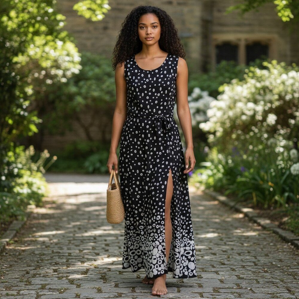 Annex Black and White Polka Dot Maxi Dress, sleeveless sundress, tie waist, side